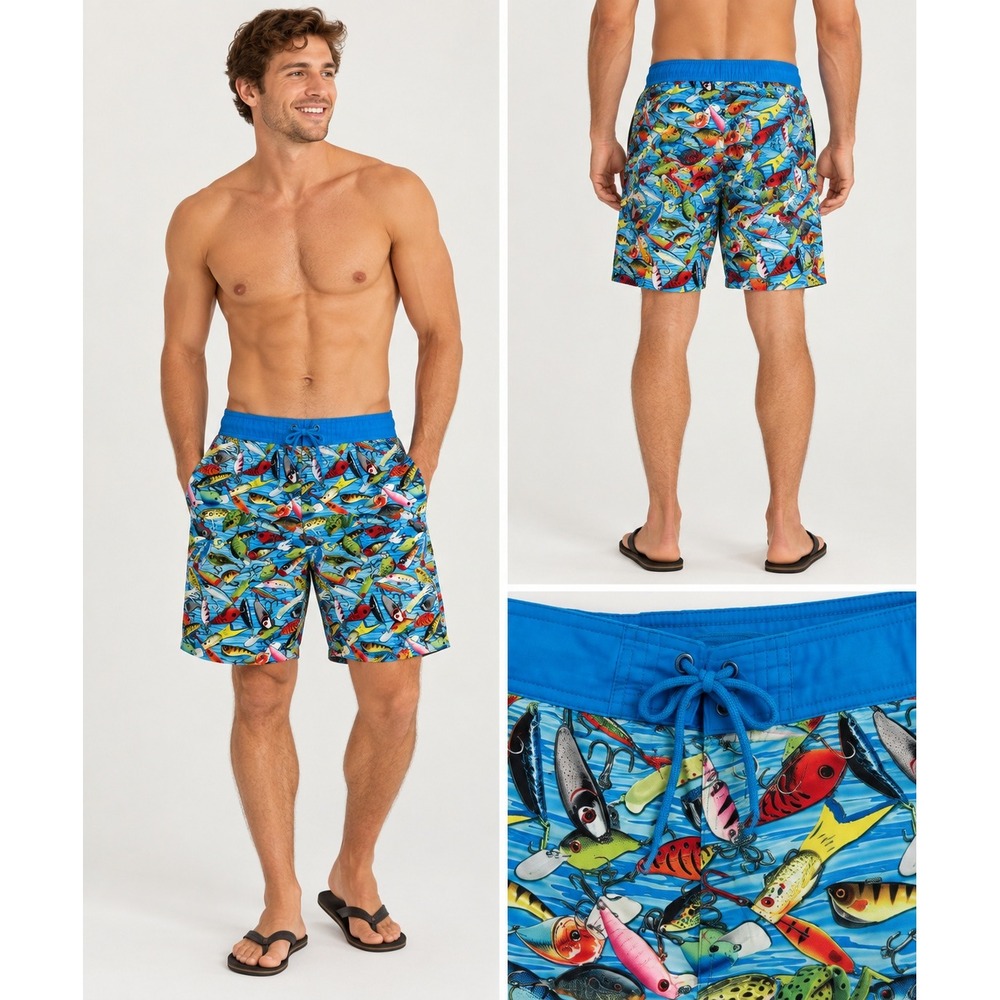 Bass Pro Shops Swim Trunks Mens L Blue Fishing Lure Print Mesh Lined Shorts